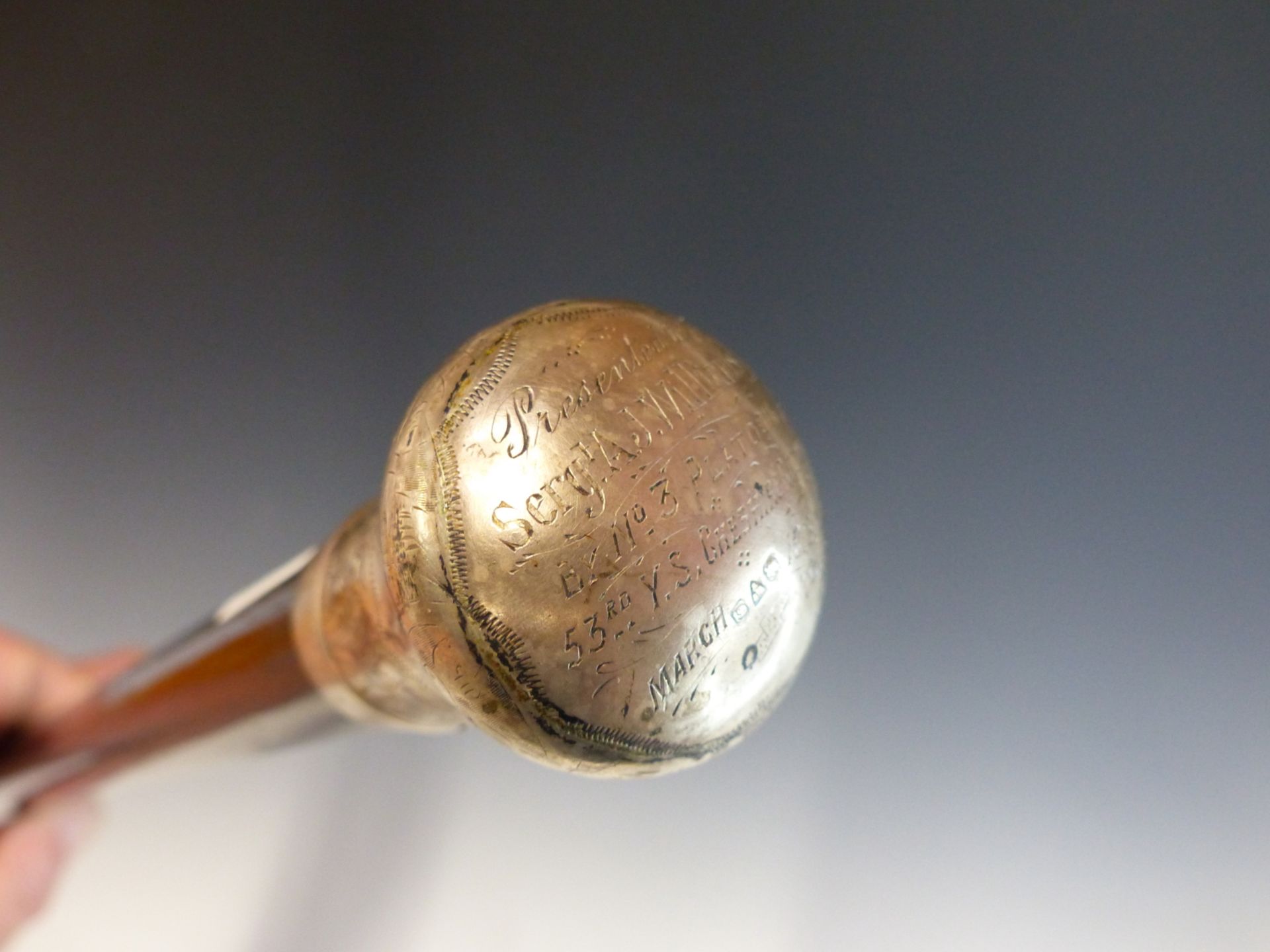 A SILVER MOUNTED BLACK LACQUER WALKING CANE WITH INSCRIPTION, PRESENTED TO SERGEANT AJ WILLIAMS, - Image 2 of 5