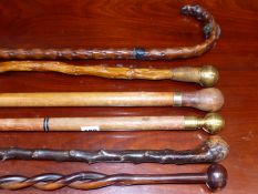 A GROUP OF WALKING STICKS TO INCLUDE TWO EXAMPLES CONTAINING CONCEALED DRINKS FLASKS, AN AFRICAN