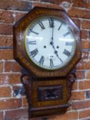 A VICTORIAN MAHOGANY AND TUNBRIDGE INLAID DROP DIAL WALL CLOCK.