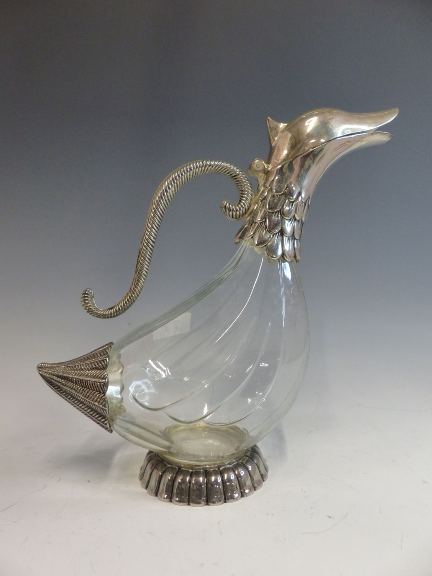 A VINTAGE SILEA SILVER PLATE MOUNTED GLASS DUCK FORM CLARET JUG. - Image 3 of 4