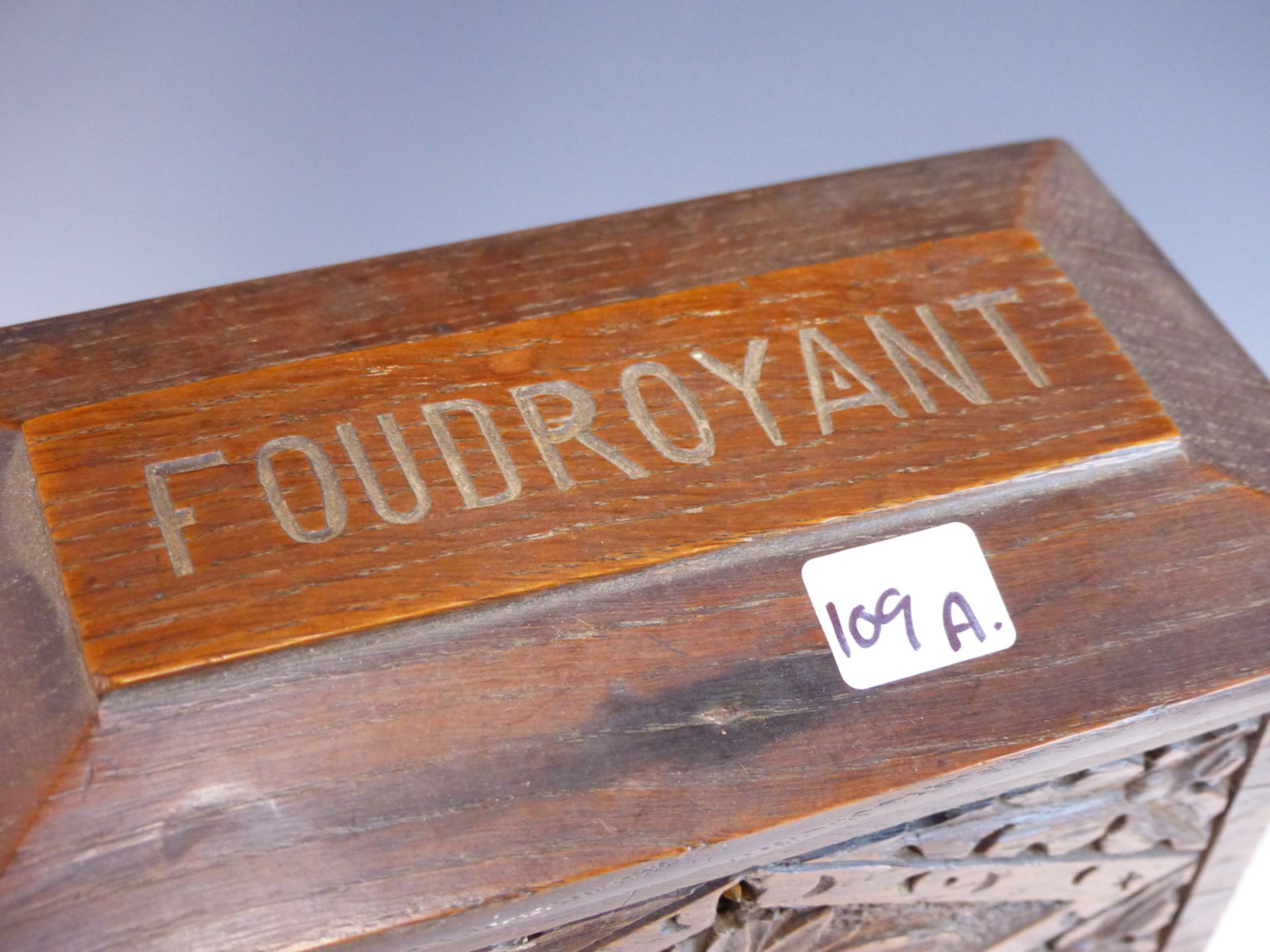 A VICTORIAN CARVED OAK MONEY CASKET, CARVED FROM BEAMS OF HMS FOUDROYANT. - Image 2 of 5