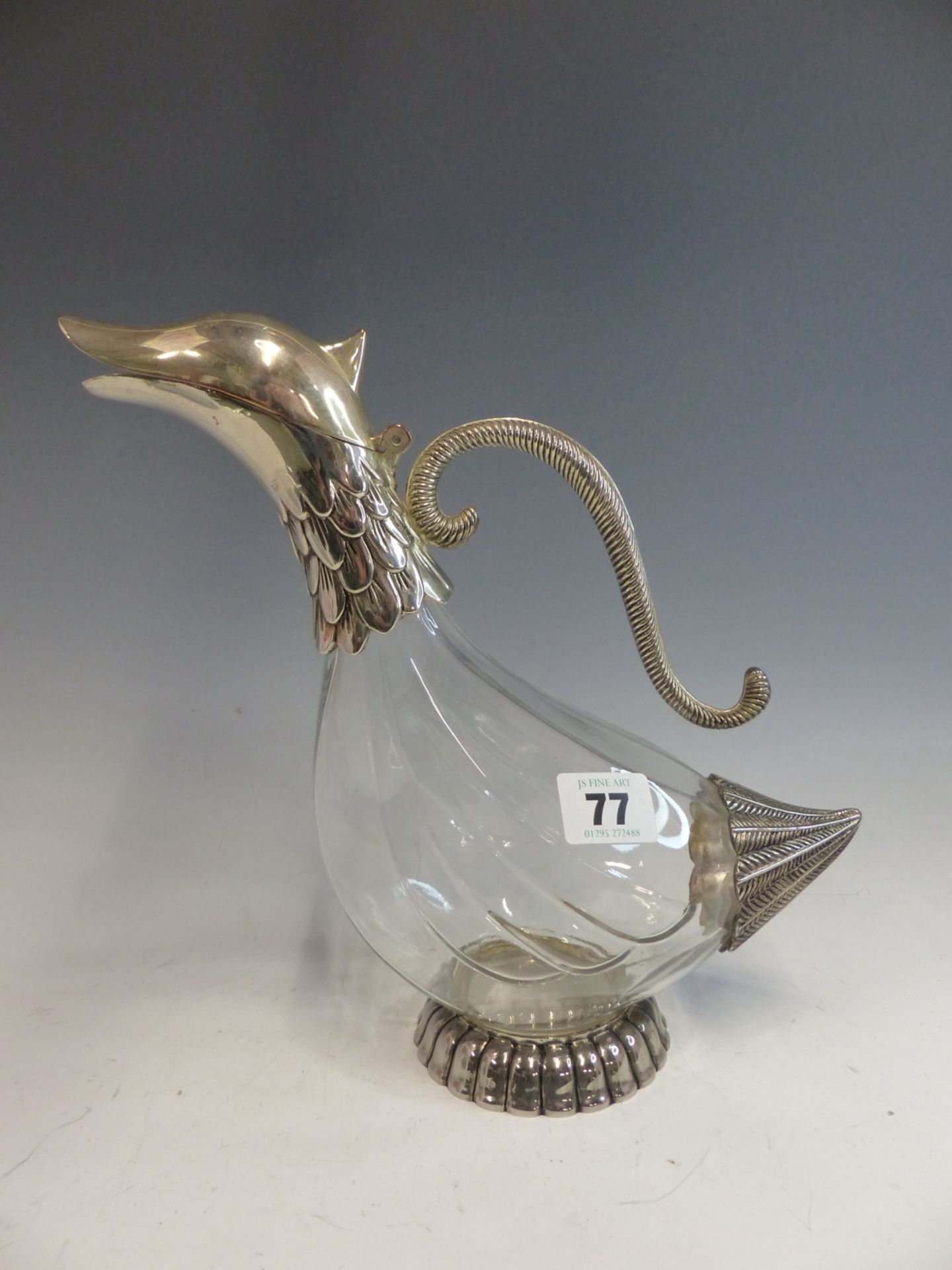 A VINTAGE SILEA SILVER PLATE MOUNTED GLASS DUCK FORM CLARET JUG. - Image 2 of 4