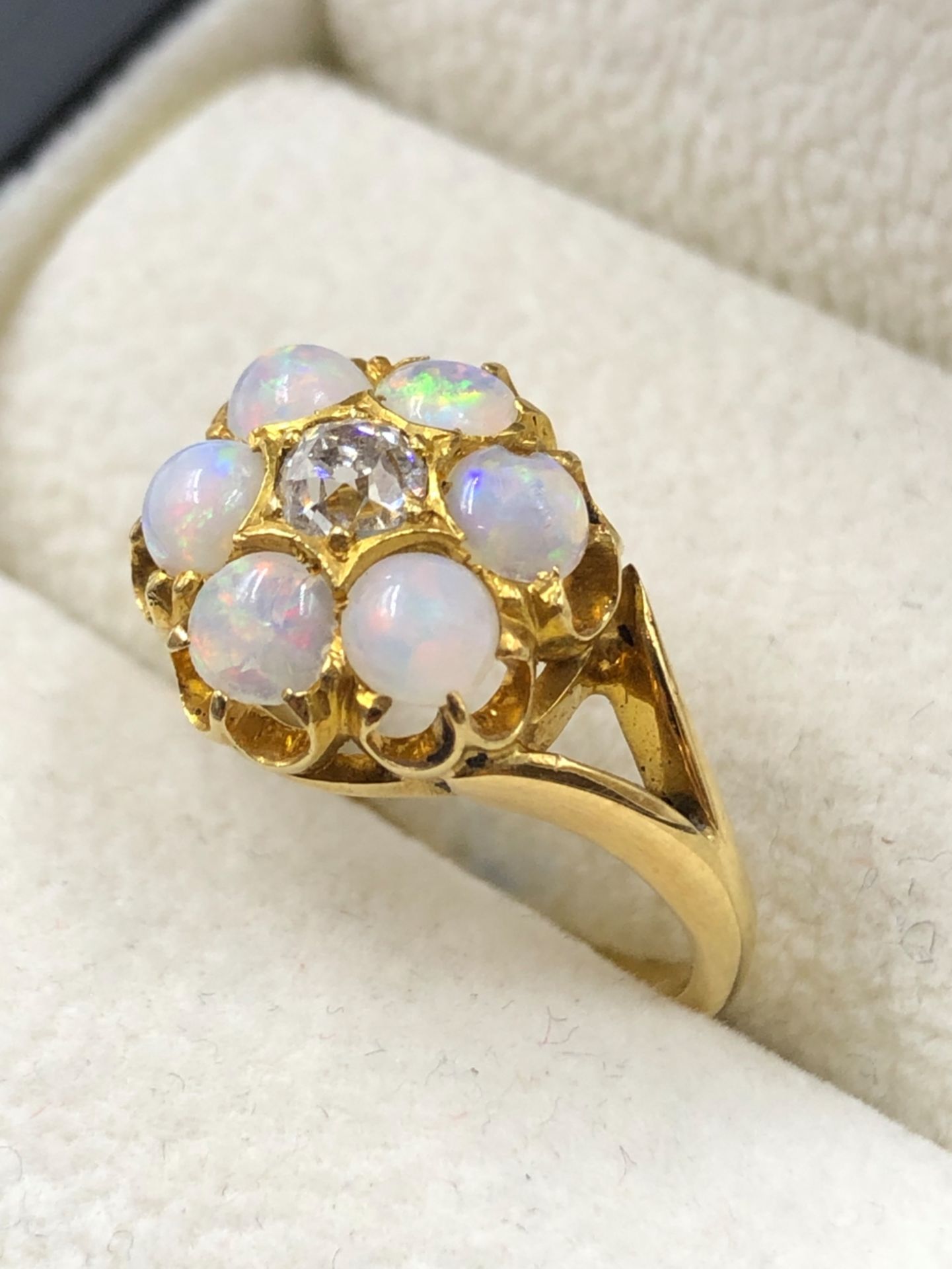 AN EARLY 20th CENTURY OLD CUT DIAMOND AND OPAL SEVEN STONE CLUSTER RING, THE SHANK STAMPED 18ct, - Image 3 of 4