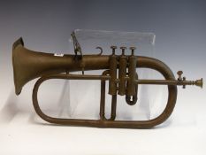 A VINTAGE BRASS F. BESSON CORNET AND TWO SMALL BRASS HORNS.