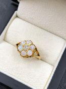 AN EARLY 20th CENTURY OLD CUT DIAMOND AND OPAL SEVEN STONE CLUSTER RING, THE SHANK STAMPED 18ct,