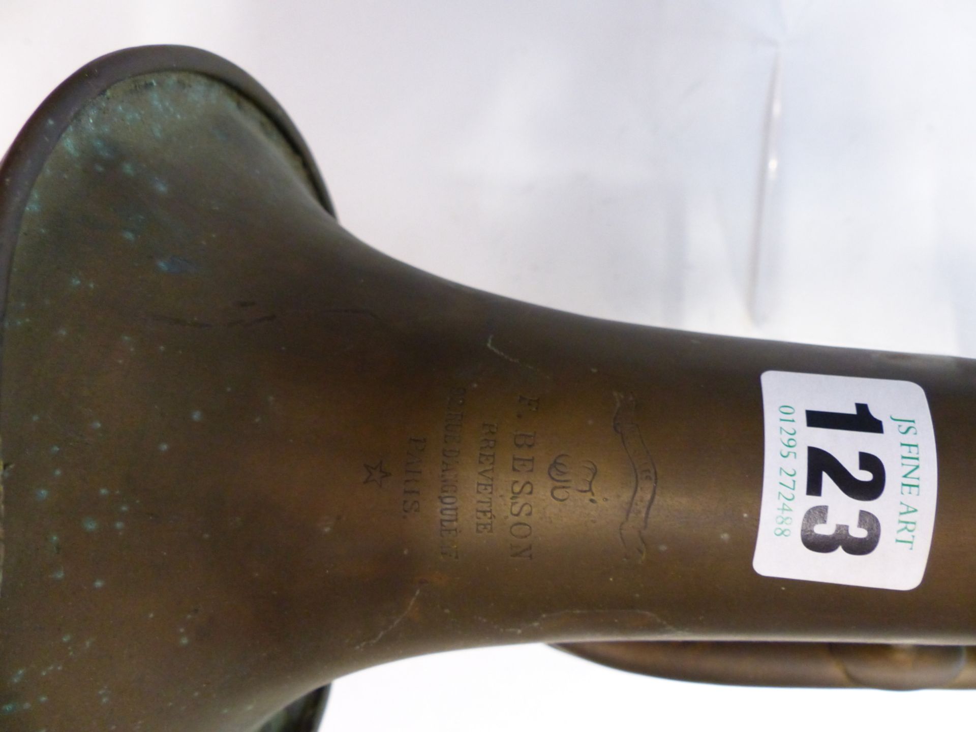 A VINTAGE BRASS F. BESSON CORNET AND TWO SMALL BRASS HORNS. - Image 2 of 5