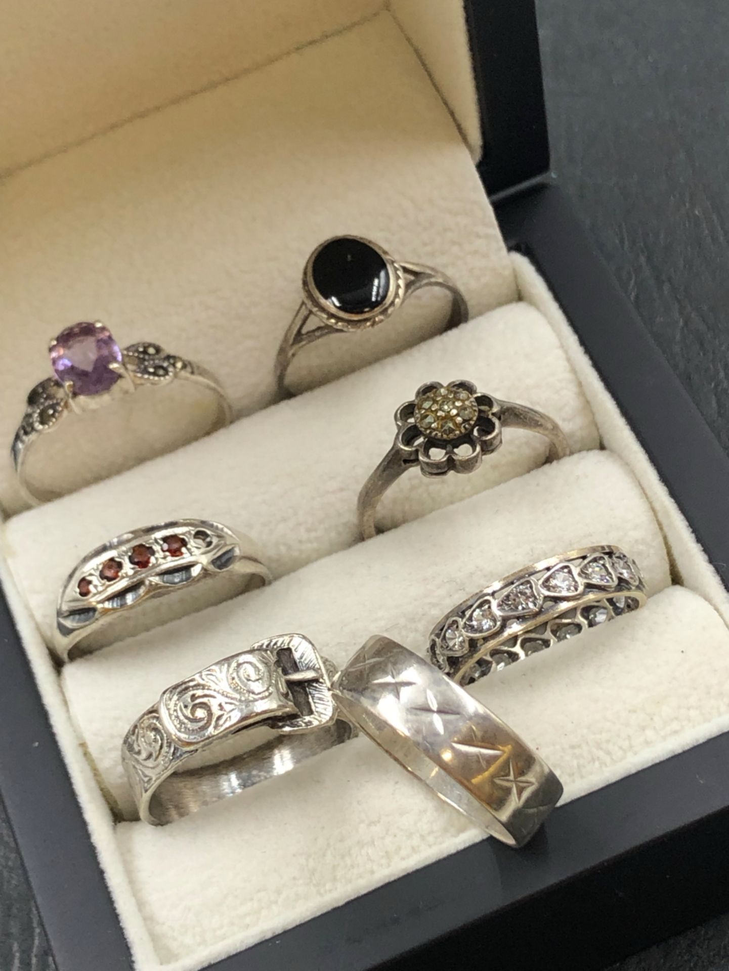A COLLECTION OF SEVEN SILVER RINGS, TO INCLUDE A FULL ETERNITY BAND WITH 9CT GOLD BORDER. TWO SILVER - Image 2 of 2