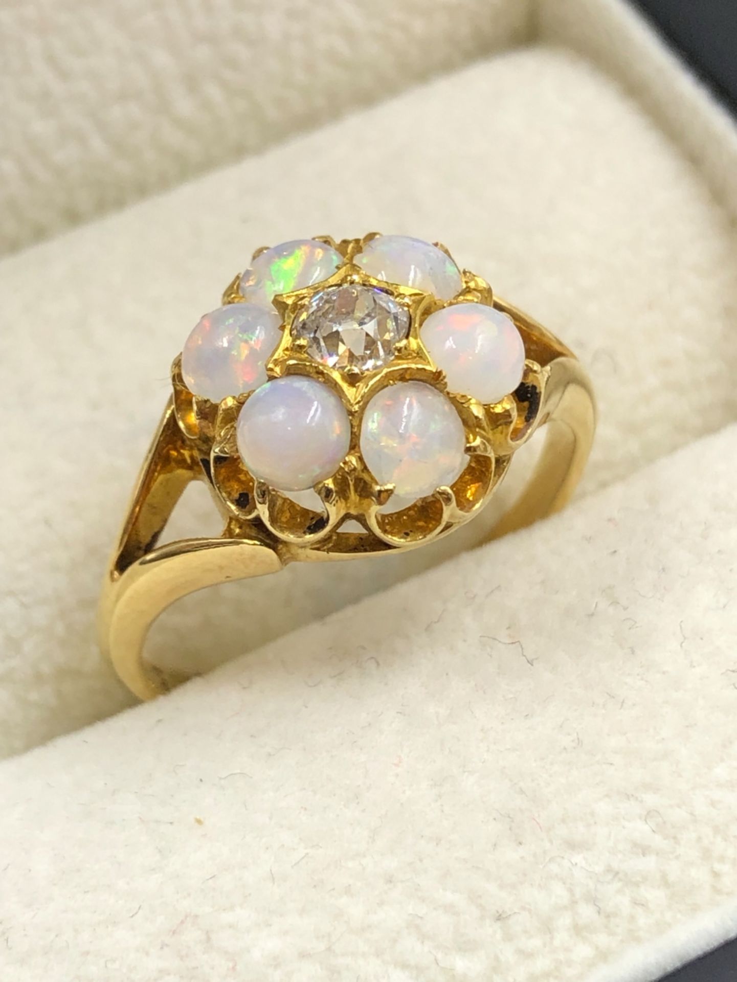 AN EARLY 20th CENTURY OLD CUT DIAMOND AND OPAL SEVEN STONE CLUSTER RING, THE SHANK STAMPED 18ct, - Image 2 of 4