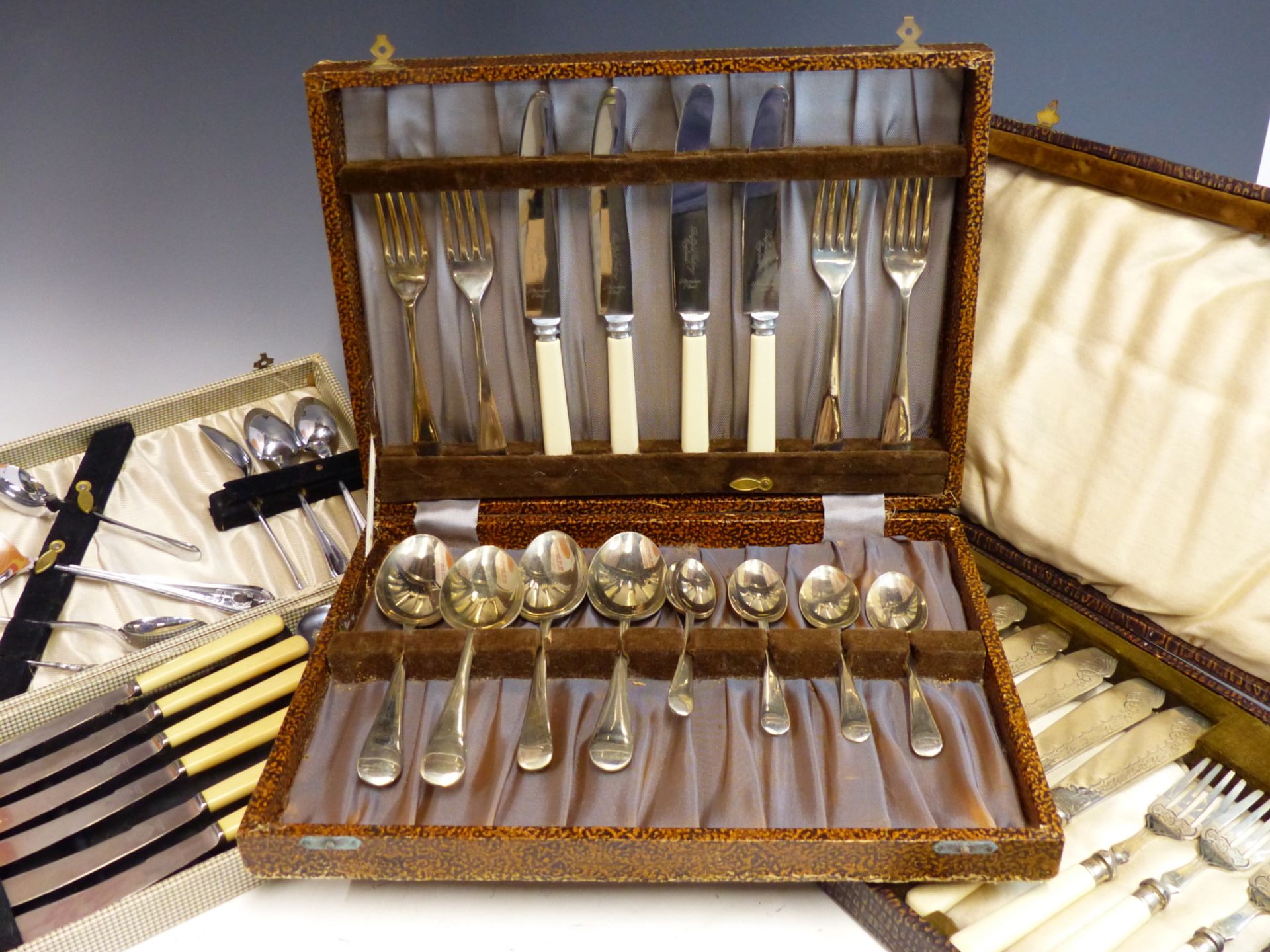 PLATED CUTLERY CONTAINED IN THREE BOXES TOGETHER WITH A PART DRESSING TABLE SET, AND OTHER PLATED