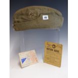 AN INTERESTING JUNIOR WOMEN'S AIR CORPS SIDE CAP TOGETHER WITH TWO 1950'S RATION BOOKS.