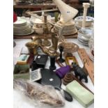 AN ANGLE POISE LAMP, AN EBONY DRESSING TABLE SET, A BRASS PESTLE AND MORTAR, OTHER BRASS, A