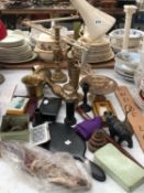 AN ANGLE POISE LAMP, AN EBONY DRESSING TABLE SET, A BRASS PESTLE AND MORTAR, OTHER BRASS, A
