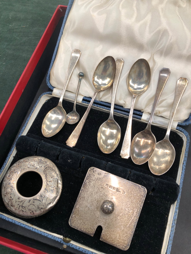 A SET OF HALLMARKED SILVER TEASPOONS, A PAIR OF LOADED SILVER CANDLESTICKS, TWO SILVER LIDDED - Image 3 of 3