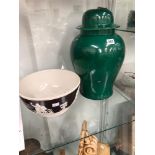 A CHAINESE GREEN GLAZED BALUSTER VASE AND COVER TOGETHER WITH A BROWN JASPER BOWL