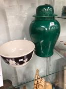 A CHAINESE GREEN GLAZED BALUSTER VASE AND COVER TOGETHER WITH A BROWN JASPER BOWL
