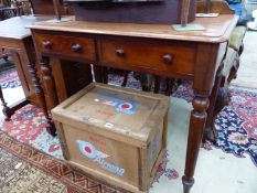 A VICTORIAN MAHOGANY TWO DRAWER SIDE TABLE.