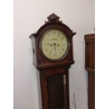 A MAHOGANY CASED EIGHT DAY LONG CASE CLOCK WITH ROUND DIAL.