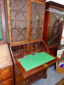 A GOOD QUALITY MAHOGANY BUREAU BOOKCASE WITH WELL FITTED INTERIOR