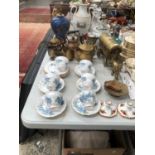 A SET OF SIX ROYAL OSBORNE TEA CUPS, BRASS KETTLES, A BRASS HORSE DRAWN WAGON AND A PYGMALION SONATA