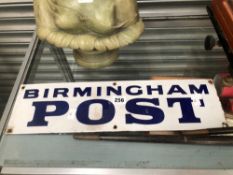 AN ENAMEL SIGN INSCRIBED BIRMINGHAM POST IN BLUE ON WHITE