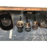 THREE CARRIAGE LANTERNS, A COPPER COAL SCUTTLE, KETTLE AND JAM PAN