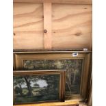 THREE FRAMED 20th C. OILS ON BOARD OF WOODLAND SCENES SIGNED INDISTINCTLY