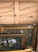 THREE FRAMED 20th C. OILS ON BOARD OF WOODLAND SCENES SIGNED INDISTINCTLY