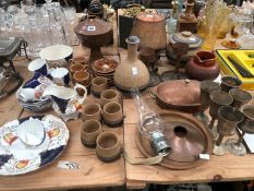 GAUDY WELSH TEA WARES, CYPRUS TEA WARES, COPPER TO INCLUDE AN OIL LAMP, ETC.