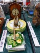 A GROUP OF ANTIQUE TILES, A SILVER MOUNTED WALKING CANE,MANTEL CLOCK ETC.
