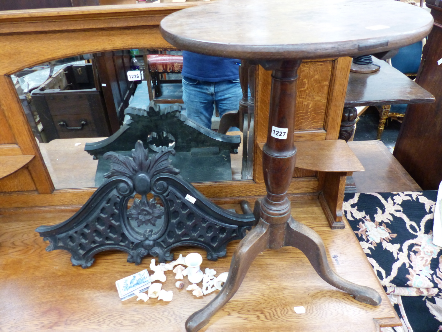 A GEORGIAN TRIPOD TABLE, A CARVED PEDIMENT ETC.