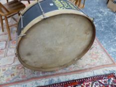 A BIG BASE DRUM INSCRIBED TOBY GOSS MORRIS, WITH A FOOT PEDAL DRUMSTICK. Dia. 78cms.