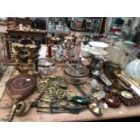 A BRASS CANDELABRUM, HORSE BRASSES, OTHER BRASS, A CAR LANTERN, FIRE BELLOWS, ELECTROPLATE