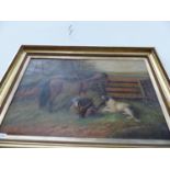 LARGE OIL ON CANVAS A PACK HORSE AND DOG SIGNED INDISTINCTLY