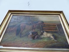 LARGE OIL ON CANVAS A PACK HORSE AND DOG SIGNED INDISTINCTLY