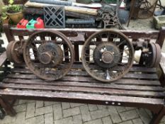 A VINTAGE AXLE AND WHEELS FROM A BSA SCOUT.