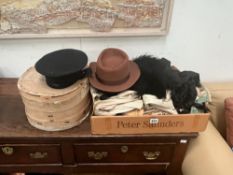 A BOWLER HAT, TRILBYS TOGETHER WITH VICTORIAN DRESSES