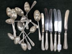 A QUANTITY OF VARIOUS ANTIQUE SILVER TEA SPOONS, 204grms, AND SIX VARIOUS SILVER MOUNTED BUTTER