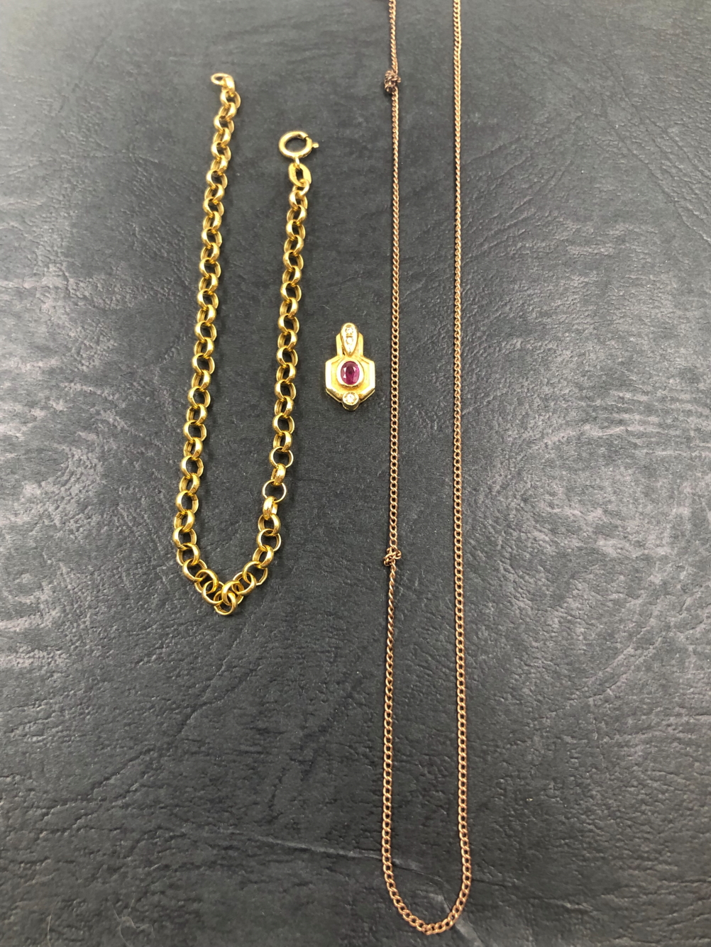 AN 18ct GOLD RUBY AND DIAMOND PENDANT, TOGETHER WITH A 9ct ROSE GOLD PENDANT CHAIN AND A 9ct GOLD - Image 2 of 2