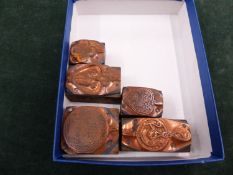 A GROUP OF FIVE ANTIQUE ENGRAVED COPPER PRINTING BLOCKS FOR JEWELLERY PENDANTS.