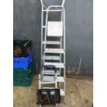 TWO ALUMINIUM LADDERS AND A SMALL FOLDING SACK TROLLEY.