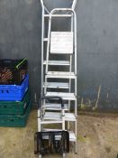 TWO ALUMINIUM LADDERS AND A SMALL FOLDING SACK TROLLEY.