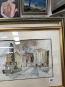 A LARGE OIL PAINTING BY R A JARVIS TOGETHER WITH A PRINT OF A ROME SCENE.