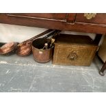 BRASS FIRE IRONS, COPPER AND BRASS COAL CONTAINERS TOGETHER WITH TWO COPPER WARMING PANS