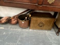 BRASS FIRE IRONS, COPPER AND BRASS COAL CONTAINERS TOGETHER WITH TWO COPPER WARMING PANS