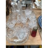 GLASS DESSERT WARES, DECANTERS, A JUG, ETC.