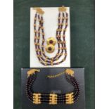 A SIGNED SHAKIRA BEADED AND GILT METAL COSTUME NECKLACE AND MATCHING CHOKER AND A PAIR OF ASSOCIATED