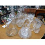 A PAIR OF ANTIQUE RING NECK DECANTERS AND OTHER CUT GLASSWARES