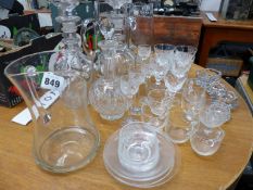 A PAIR OF ANTIQUE RING NECK DECANTERS AND OTHER CUT GLASSWARES