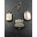 A HALLMARKED SILVER SNUFF BOX WITH SUSPENSION RING, A NICKEL PURSE WITH CHAIN, AND A NICKEL MONOGRAM