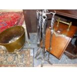 A VICTORIAN OAK COAL BOX, A BRASS LOG BIN, AND IRON FIRE IMPLEMENTS.